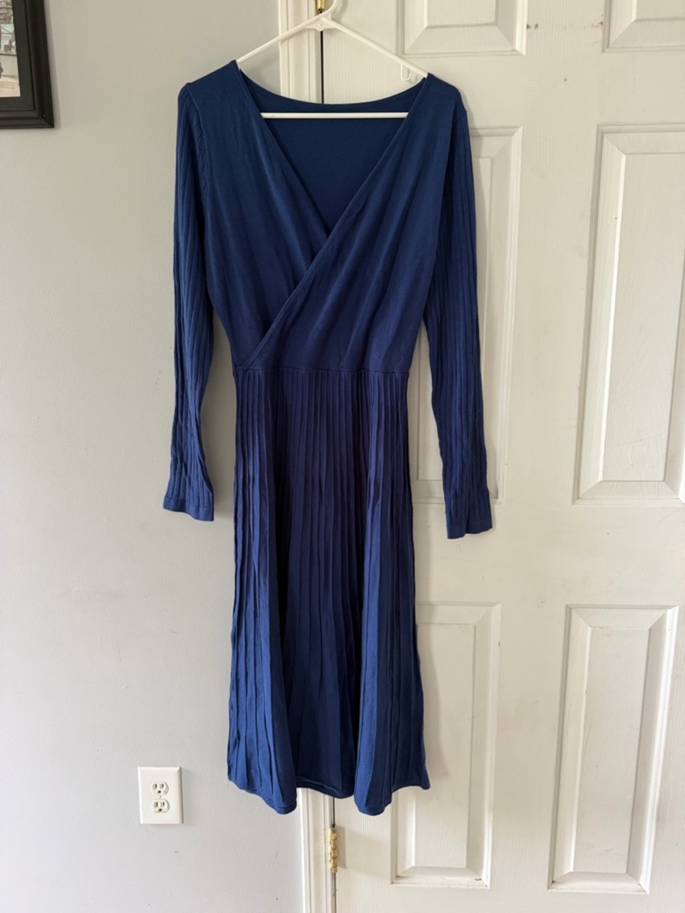 SHEIN Navy Wrap Pleated Long Sleeve Midi Dress